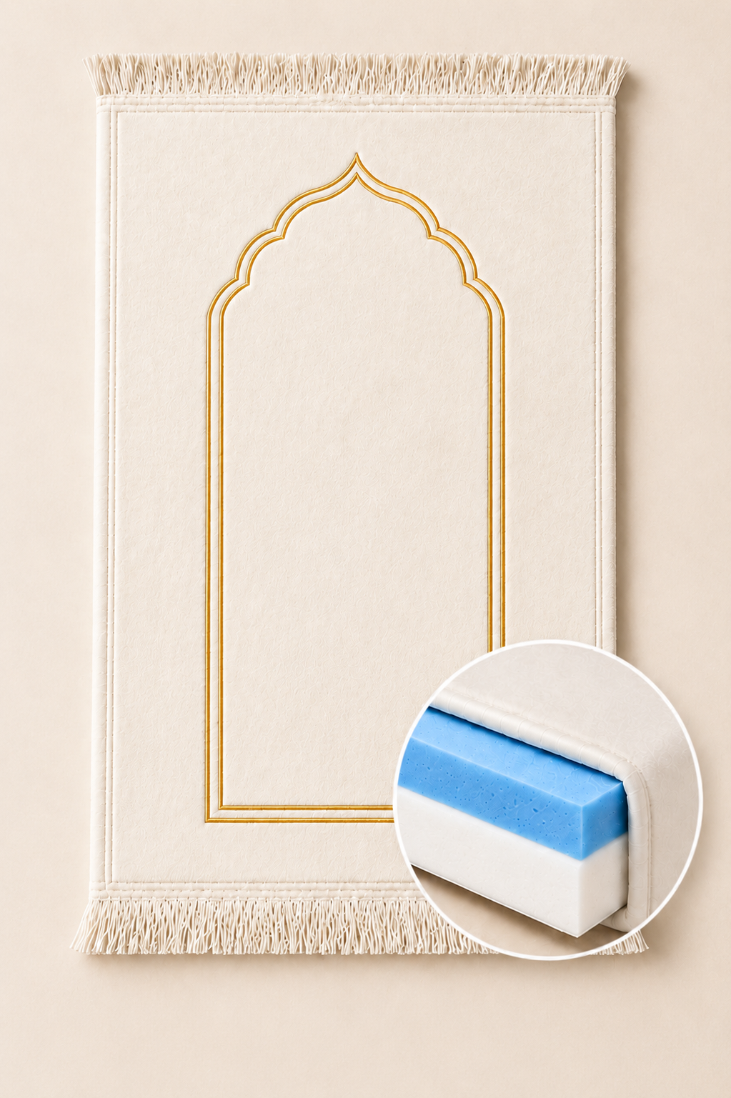 Cream thick orthopedic Namaz prayer mat with gold arch and memory foam detail